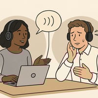 A picture showing a one on one interview depicting that Some people feel nervous or selfconscious on video which can hurt their performance even if they have strong skillsAudioonly allows them to concentrate on delivering clear thoughtful responses A picture showing a one on one interview depicting that Some people feel nervous or selfconscious on video which can hurt their performance even if they have strong skillsAudioonly allows them to concentrate on delivering clear thoughtful responses