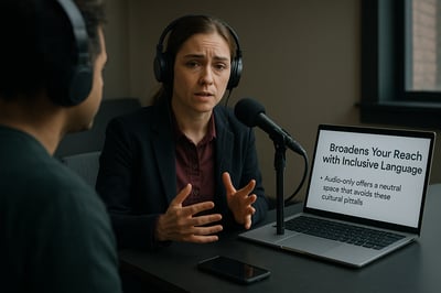 Show an interview situation with one and the computer showing the person Broadens Your Reach with Inclusive Languageshow thatIn some cultures direct eye contact or certain gestures on camera can be uncomfortable or considered inappropriateshow thatAu-1 Show an interview situation with one and the computer showing the person Broadens Your Reach with Inclusive Languageshow thatIn some cultures direct eye contact or certain gestures on camera can be uncomfortable or considered inappropriateshow thatAu-1