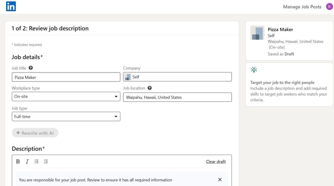 Linkedn Job post interface