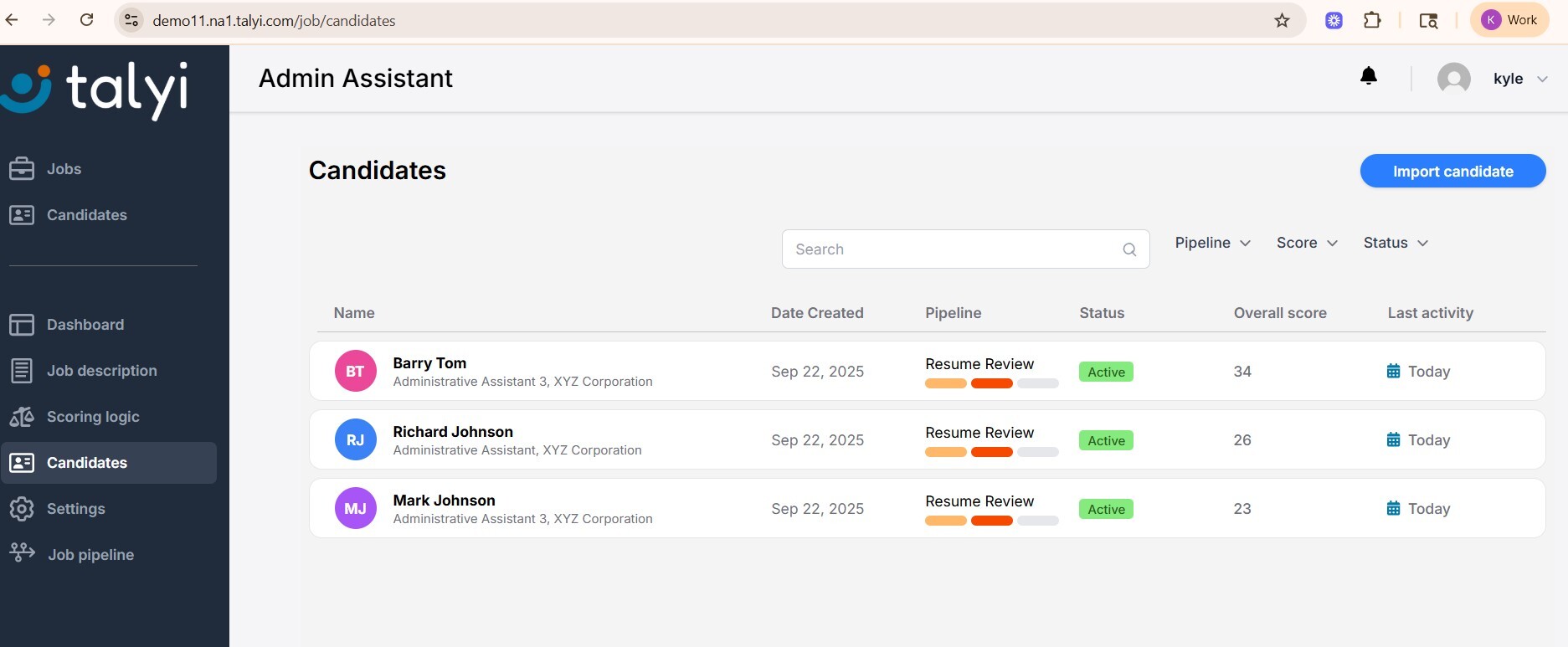 candidate screen with scores and status 9.23.2025