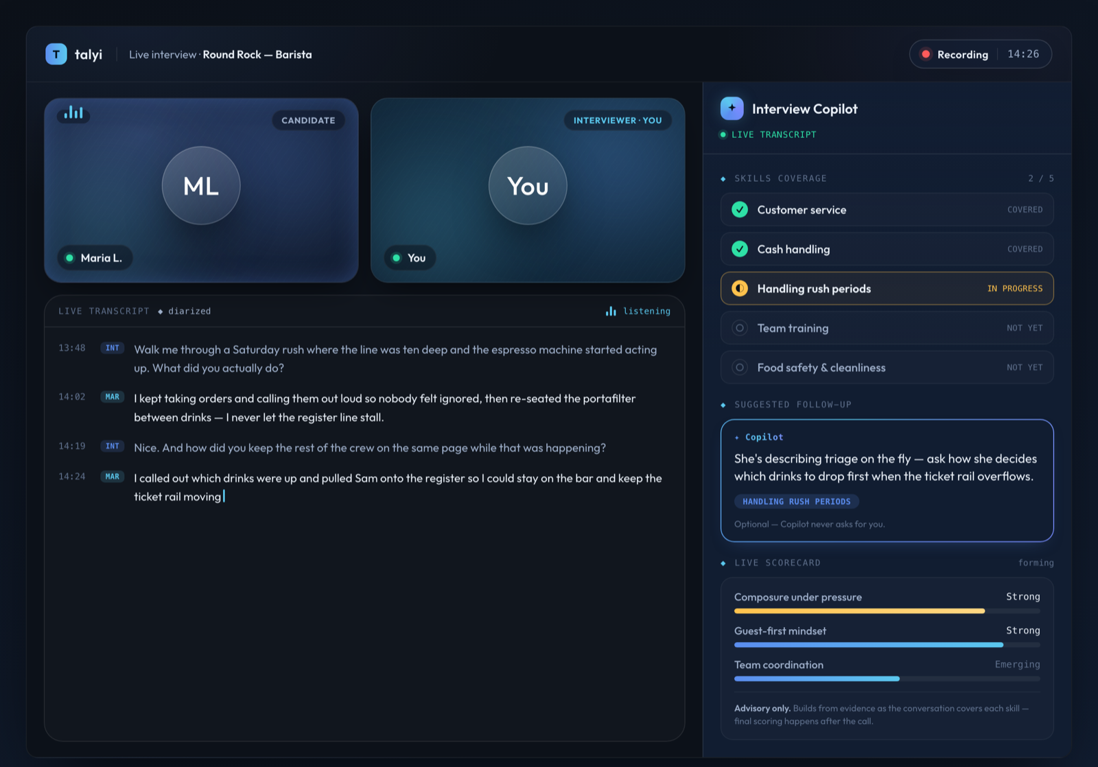 Live interview copilot with transcript, skill coverage and scorecard