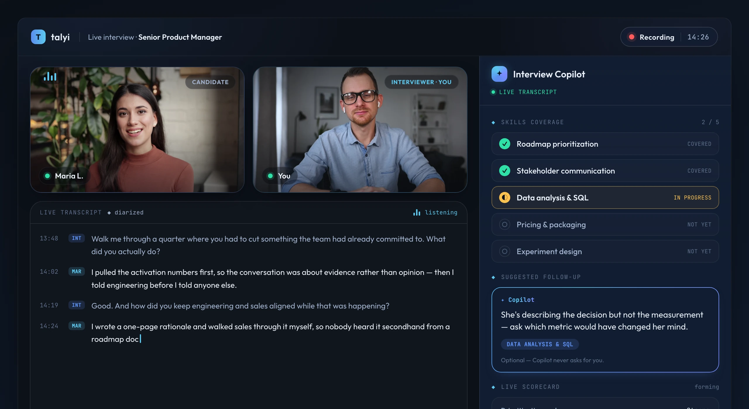 Live interview copilot with transcript, skill coverage and scorecard
