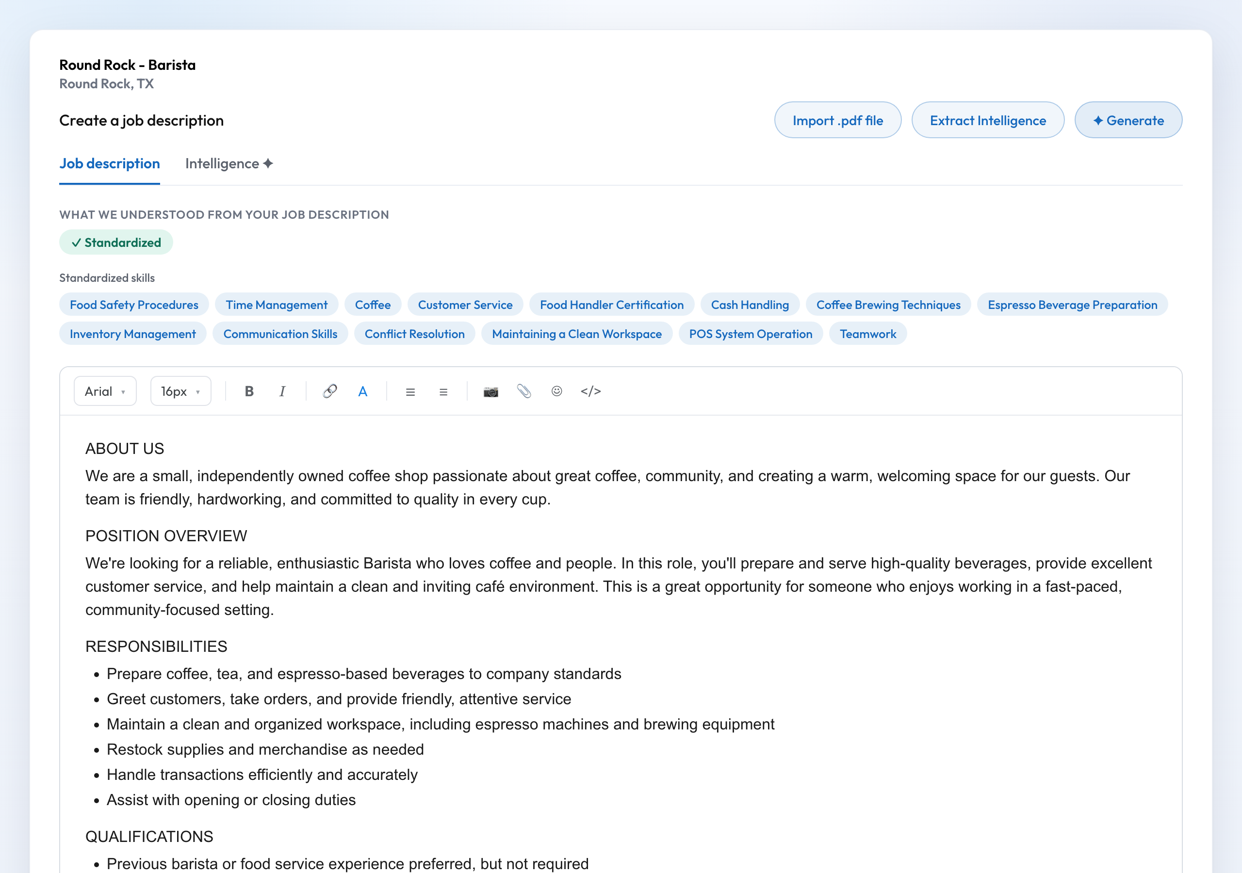 Talyi's AI job description writer showing a complete, generated job description in the editor