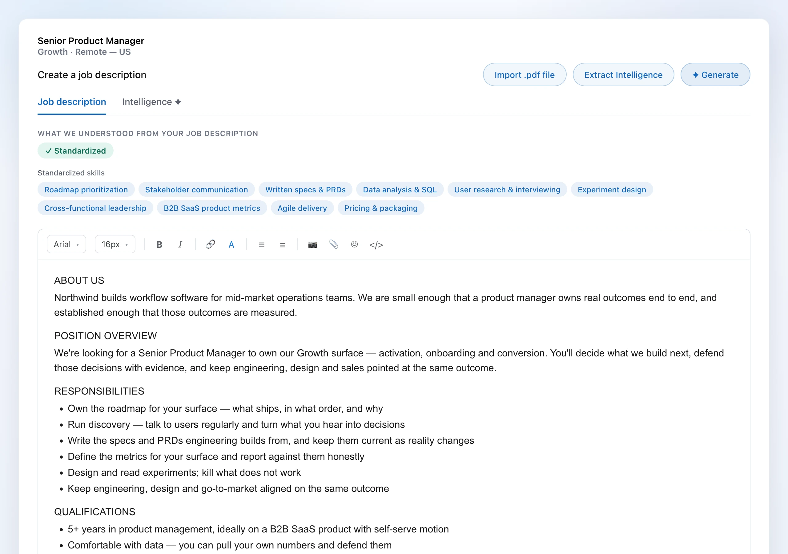Talyi's Post agent generating a complete, publish-ready job description in the editor