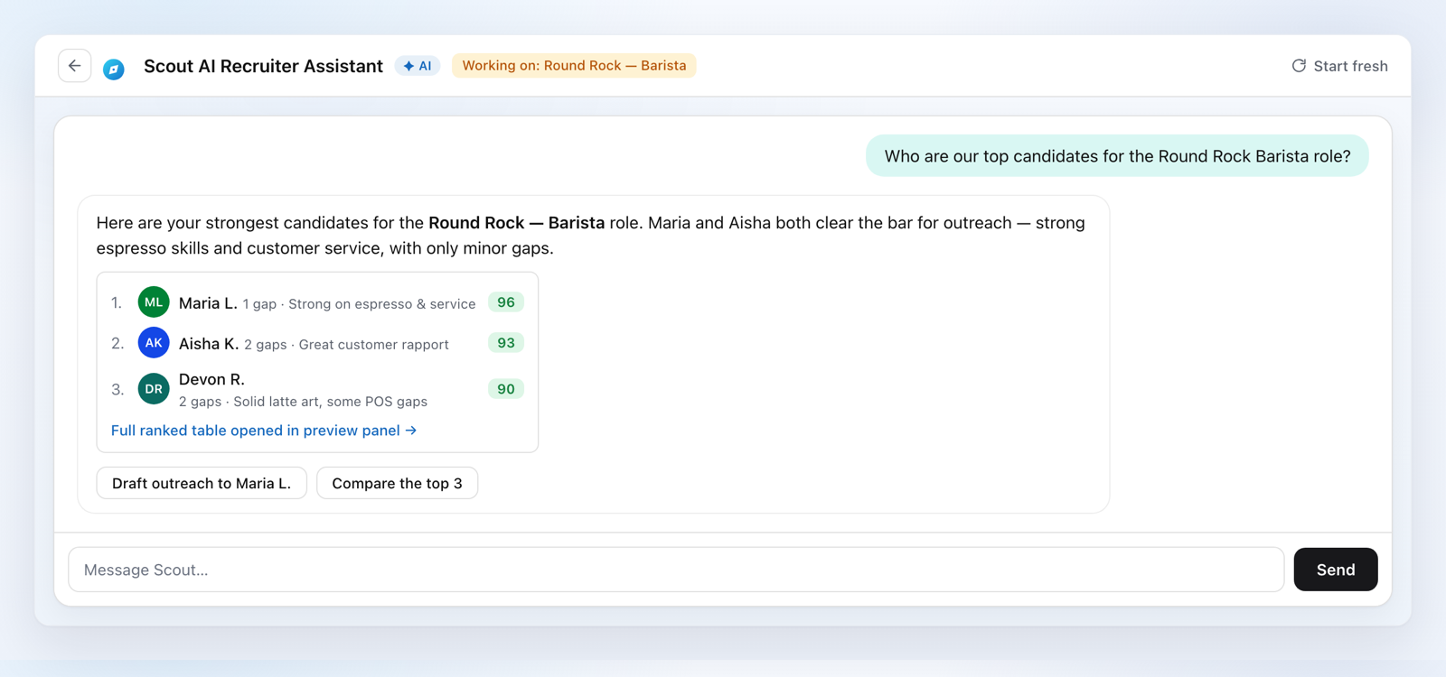 Scout answering a recruiter's question about top candidates in chat, with the data and charts inline