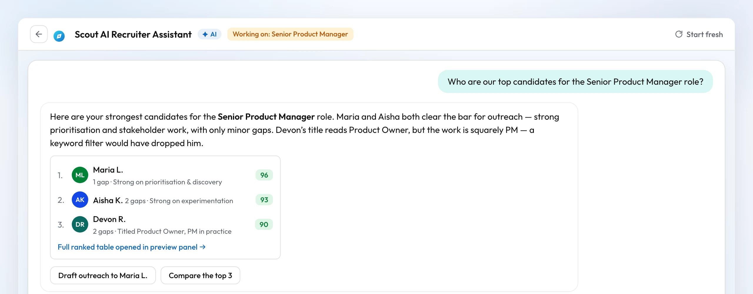 Scout answering a recruiter's question about top candidates in chat, with data and charts inline