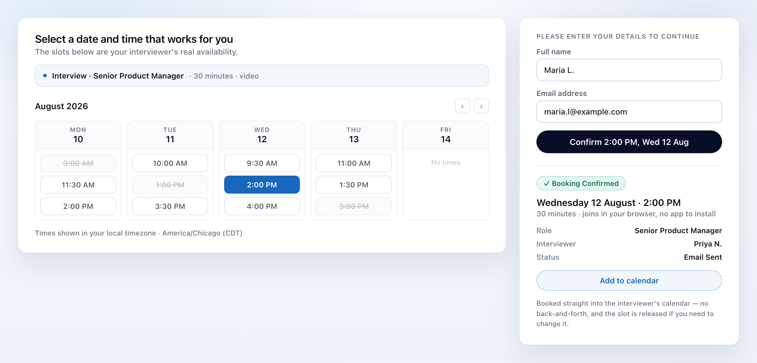 Talyi self-scheduling showing real interviewer availability with a confirmed booking