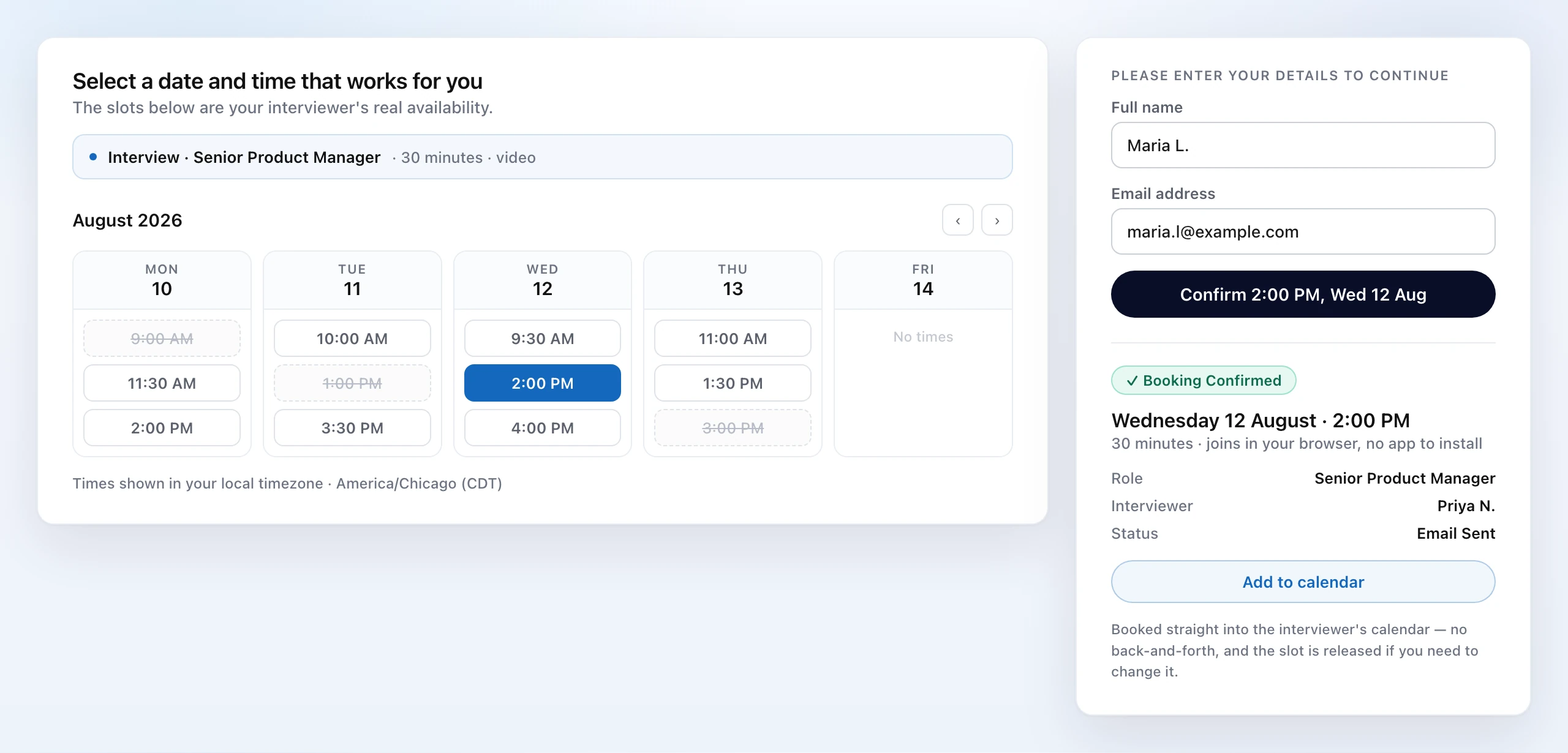 Talyi self-scheduling showing real interviewer availability with a confirmed booking