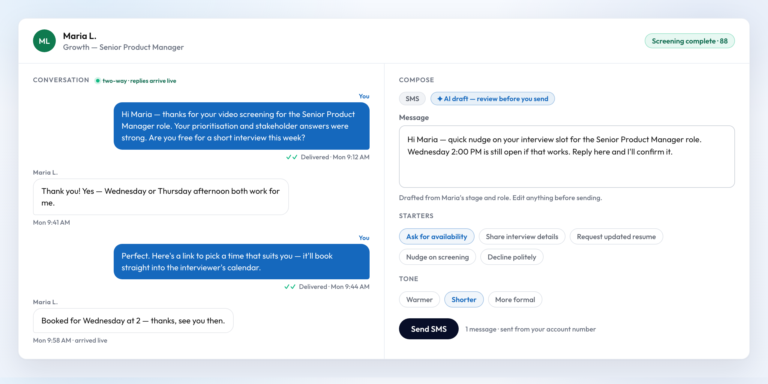 Talyi candidate messaging with an SMS thread, an AI-drafted message, starter chips and tone controls
